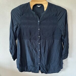 J.Jill‎ Smocked Button Up Tunic Top Navy Blue Rayon Long Sleeve Blouse Womens XL